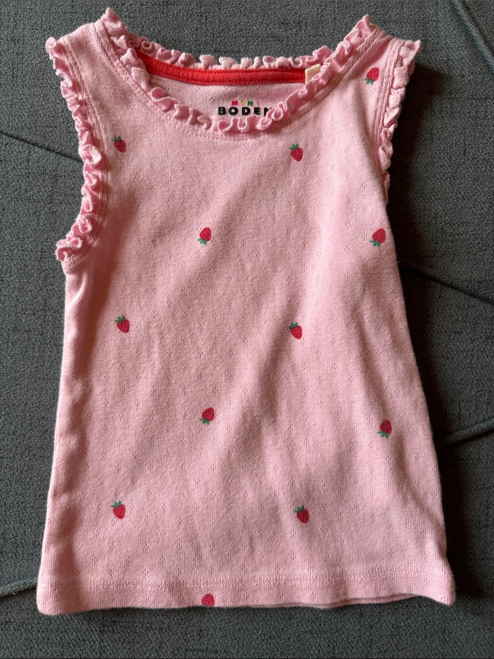 Mini Boden Pink Strawberry Print Ruffle Tank Top